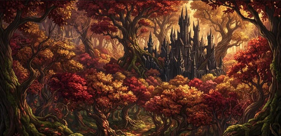 A dense forest canopy of crimson and gold leaves, concealing a dark, jagged fortress within its beautiful, autumnal depths.
